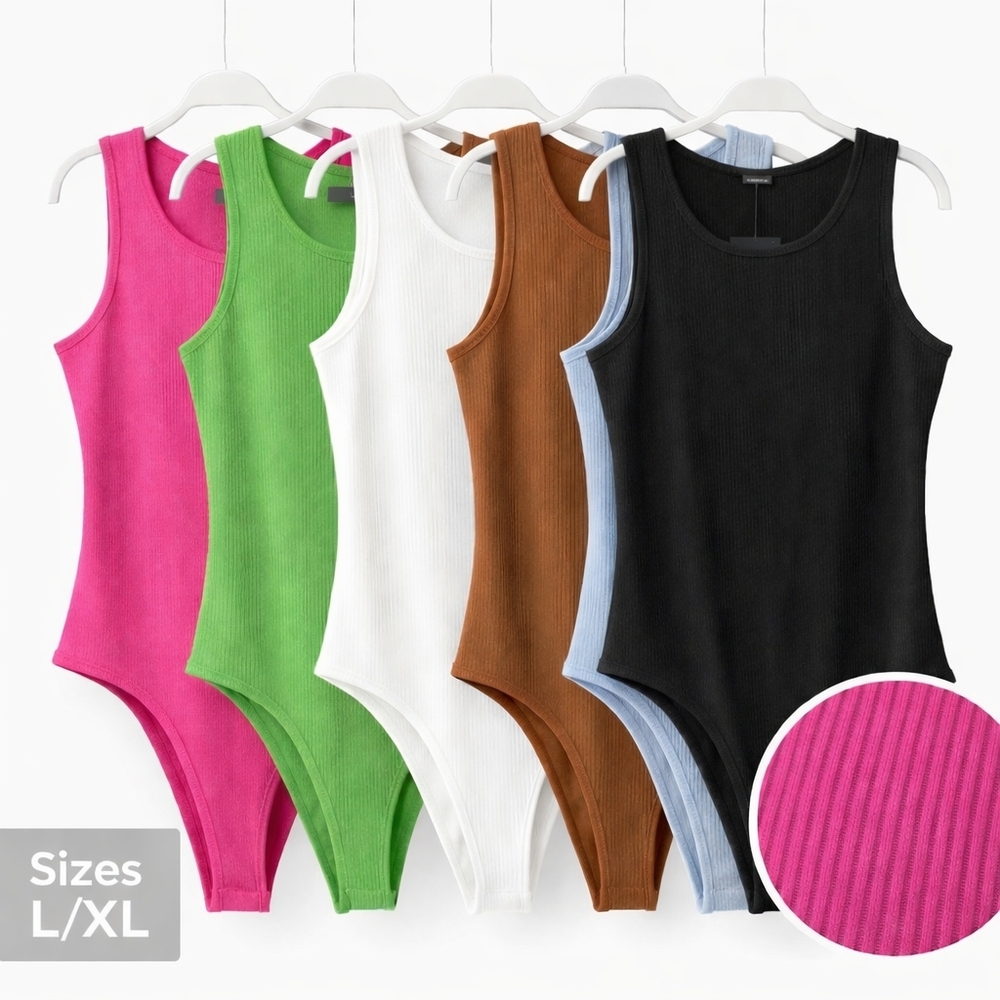 Women’s Sleeveless Ribbed Bodysuit Thong Snap Close Crotch 95% Cotton Size L/XL